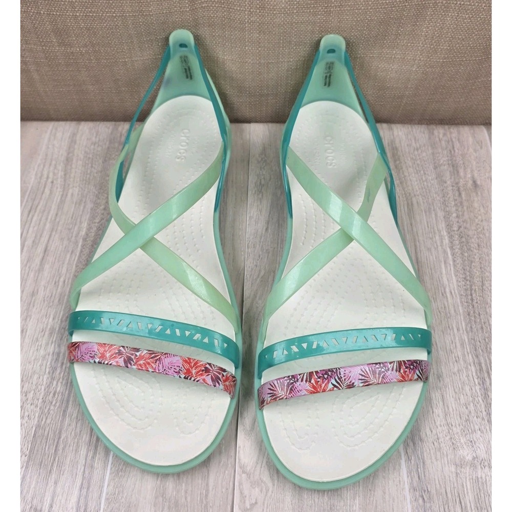 Crocs Iconic Isabella Strappy Womens 11 Mint Green Floral T-Strap Jelly Sandals